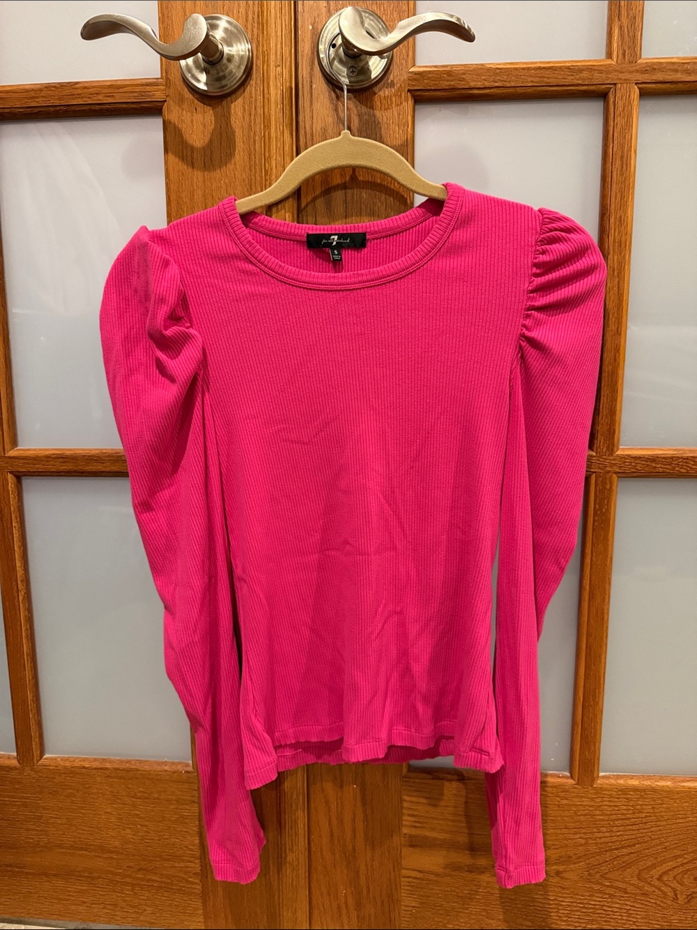 7 For All Mankind Pink Ribbed Puff-Sleeve Long Sleeve Top
